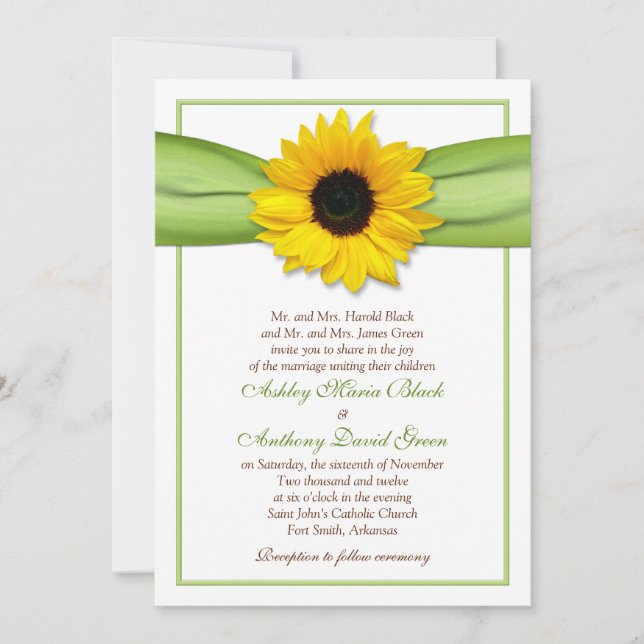 Invitación a la boda de la cinta verde del girasol (Anverso)