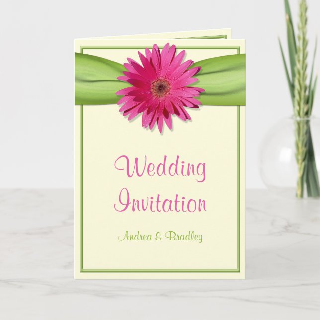 Invitación a la boda de la cinta verde rosa Gerber (Anverso)