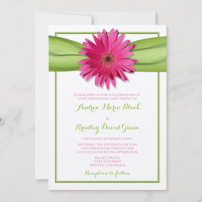 Invitación a la boda de la cinta verde rosa Gerber (Anverso)