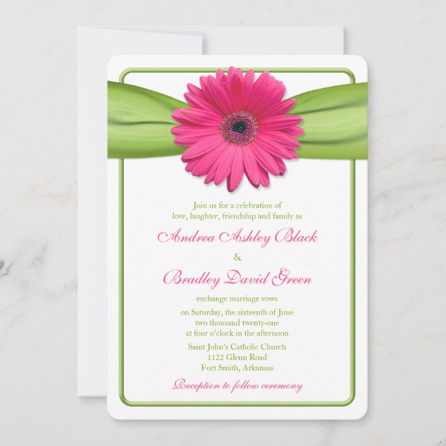 Invitación a la boda de la cinta verde rosa Gerber (Anverso)