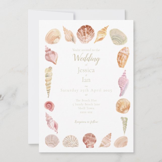 Invitación a la boda de la concha de mar pintada a (Anverso)