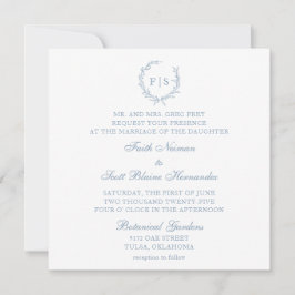 Invitación a la boda de la corona azul clara clási