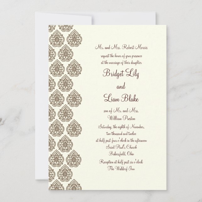 Invitación a la boda de la cosecha de Damask (marr (Anverso)
