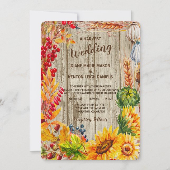 Invitación a la boda de la cosecha de flores y fru (Anverso)