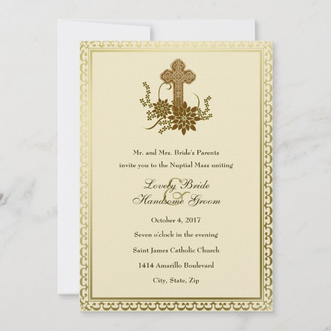 Invitación a la boda de la Cruz Floral Marrón-Cató (Anverso)