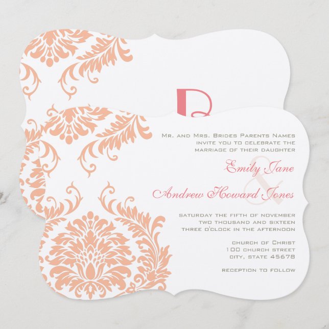 Invitación a la boda de la damasca de oro del Rosa (Anverso / Reverso)