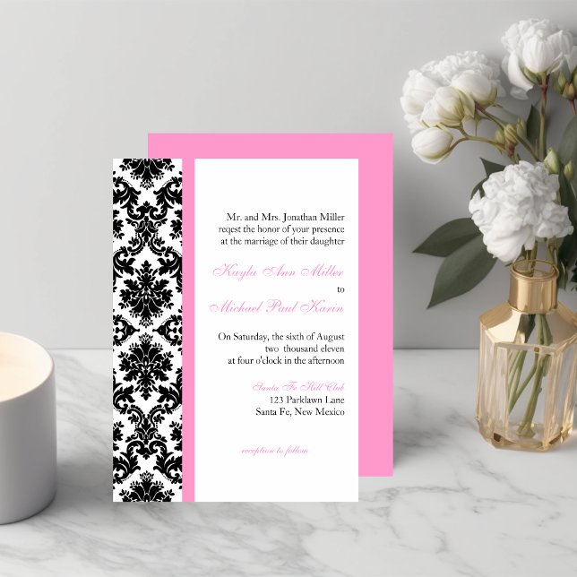 Invitación a la boda de la damasca rosa blanca neg (Subido por el creador)