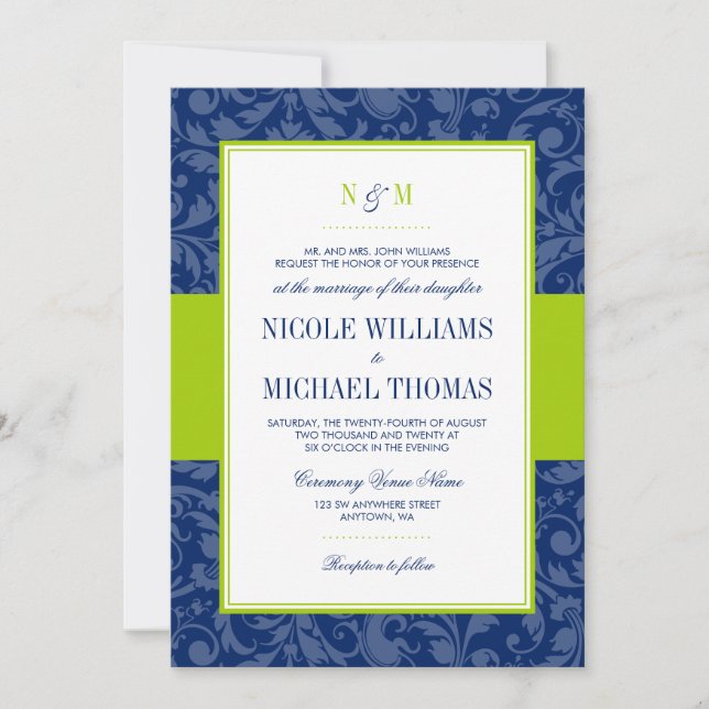 Invitación a la boda de la damáscara azul y verde  (Anverso)