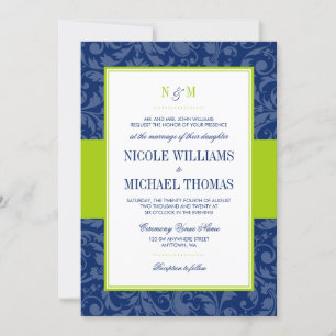 Invitación a la boda de la damáscara azul y verde
