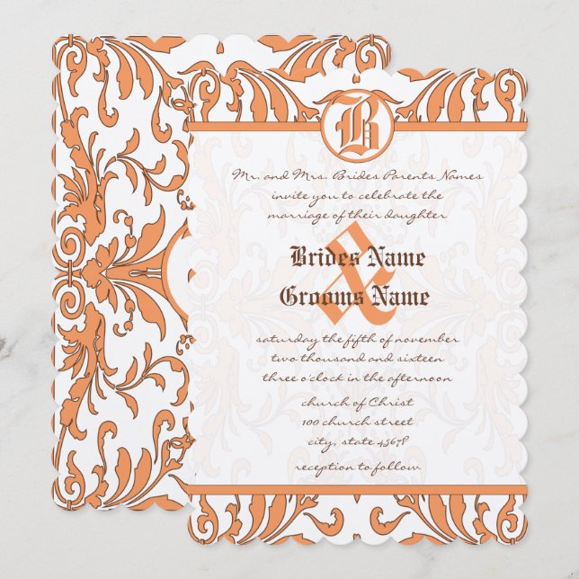 Invitación a la boda de la damáscara de coral y ma (Anverso / Reverso)