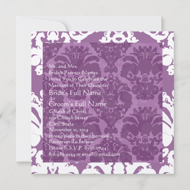 Invitación a la boda de la damáscara de lavanda (Anverso)