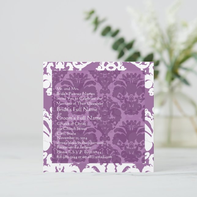 Invitación a la boda de la damáscara de lavanda (Anverso de pie)