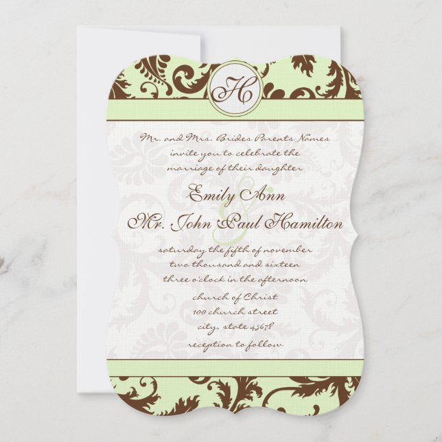 Invitación a la boda de la damáscara verde de prim (Anverso)