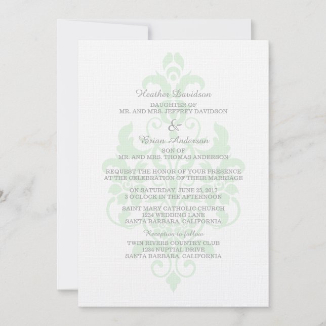 Invitación a la boda de la Damasco de Mint Green S (Anverso)