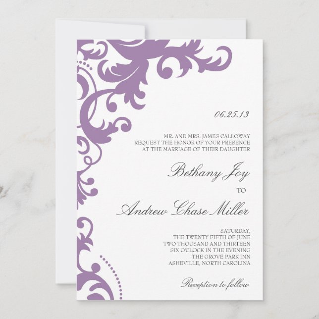 Invitación a la boda de la Damasco Elegante Lilac  (Anverso)