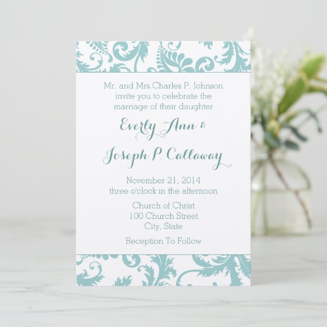 Invitación a la boda de la Damasco floral Verde az (Anverso de pie)