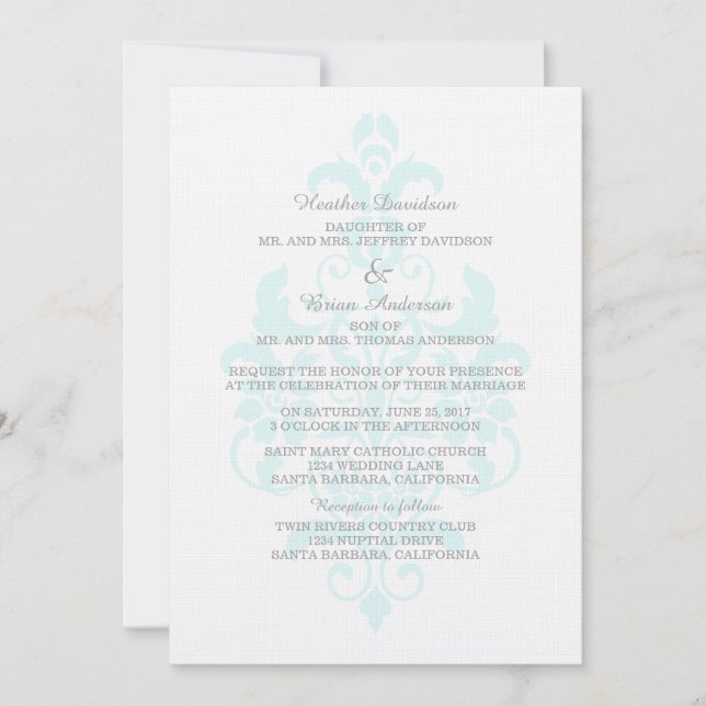 Invitación a la boda de la Damasco sutil Aqua (Anverso)