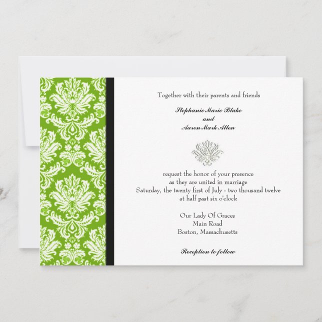 Invitación a la boda de la Damask clásica verde de (Anverso)