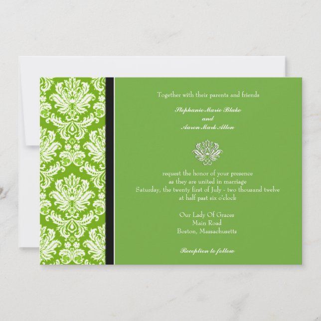 Invitación a la boda de la Damask clásica verde de (Anverso)