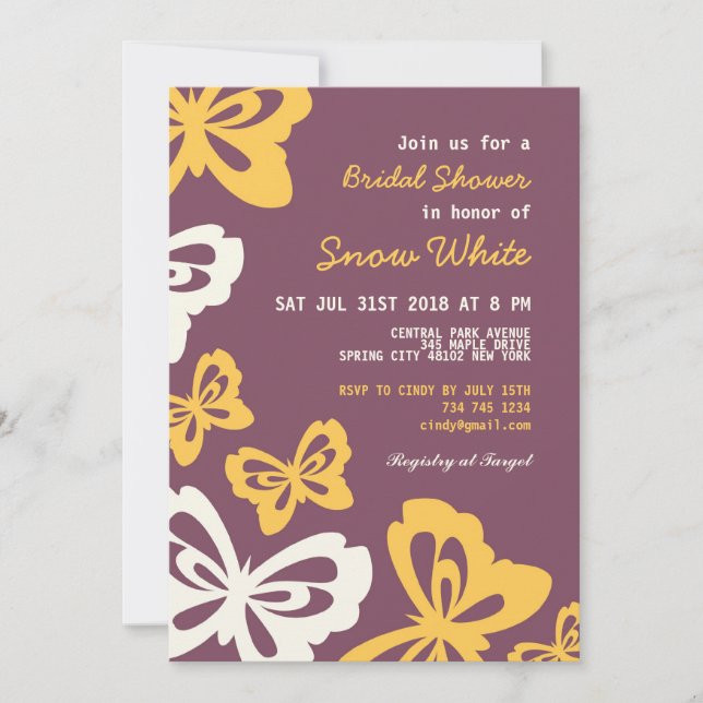 Invitación a la boda de la ducha de mariposa morad (Anverso)