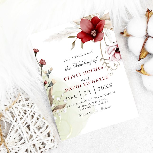 Invitación a la boda de la elegancia de invierno e (Modern winter wedding invitation on white cozy background with cotton flowers)