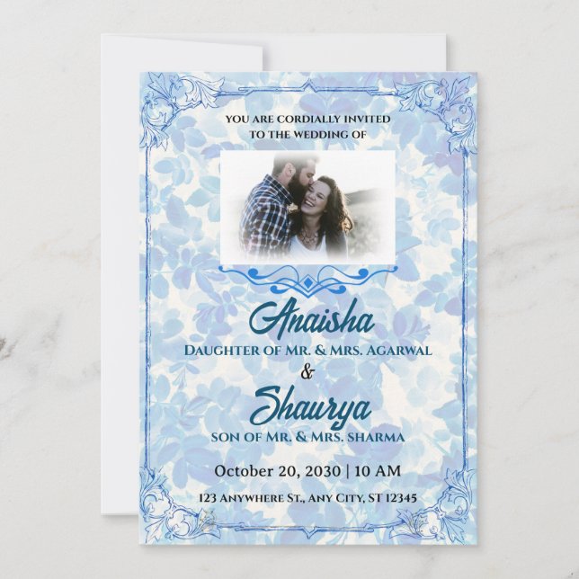 Invitación a la boda de la elegancia floral azul (Anverso)