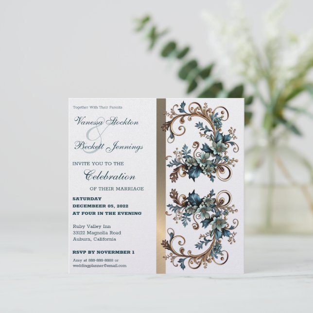 Invitación a la boda de la elegancia floral dorada (Anverso de pie)