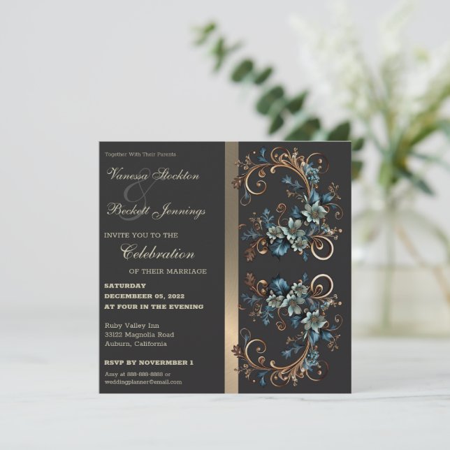 Invitación a la boda de la elegancia floral dorada (Anverso de pie)
