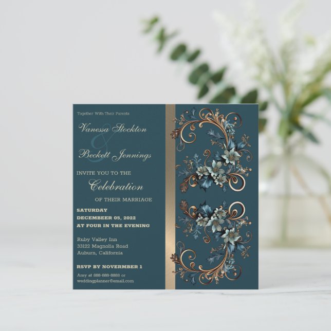 Invitación a la boda de la elegancia floral dorada (Anverso de pie)