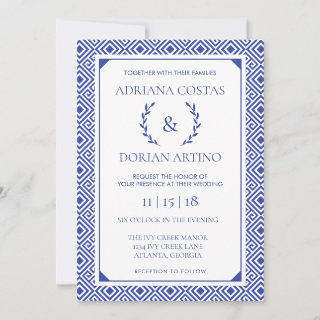 Invitación a la boda de la elegancia griega, azul (Anverso)