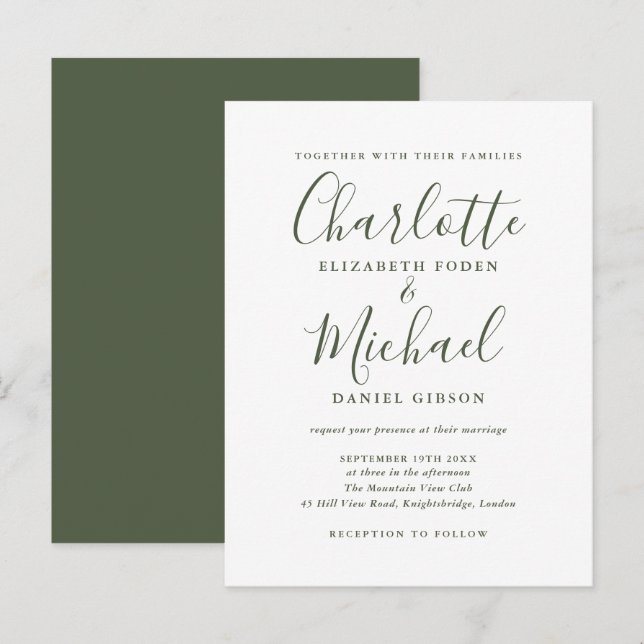 Invitación a la boda de la escritura verde oliva m (Anverso / Reverso)