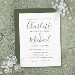 Invitación a la boda de la escritura verde oliva m<br><div class="desc">Con nombres de estilo señorial,  esta elegante postal de invitación a la boda verde oliva se puede personalizar con los detalles de su boda en letras modernas de moda. Diseñado por Thisisnotme©</div>