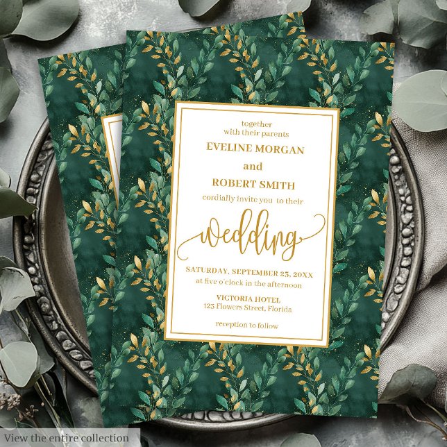 Invitación a la boda de la eterna medalla de oro v (Timeless Emerald Green Gold Leaves Wedding Invitation)