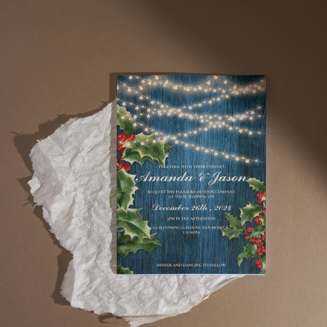 Invitación a la boda de la fiesta de la Berry de l (Rustic Blue Wood Berry Festive wedding Invitation)