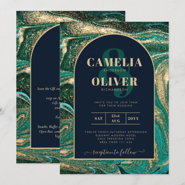 Invitación a la boda de la fiesta de oro verde esm (Anverso / Reverso)