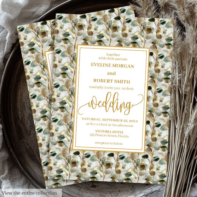 Invitación a la boda de la Fiesta de Oro Verde Pro (Vintage Deep Green Gold Foliage Wedding Invitation)