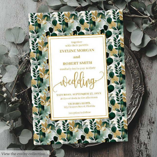 Invitación a la boda de la Fiesta Verde de Oro de  (Dreamy Hunter Green Gold Greenery Wedding Invite)