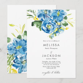 Invitación a la boda de la flor azul acuarela