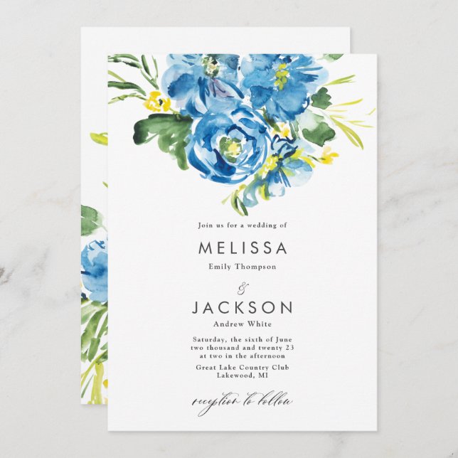 Invitación a la boda de la flor azul acuarela (Anverso / Reverso)