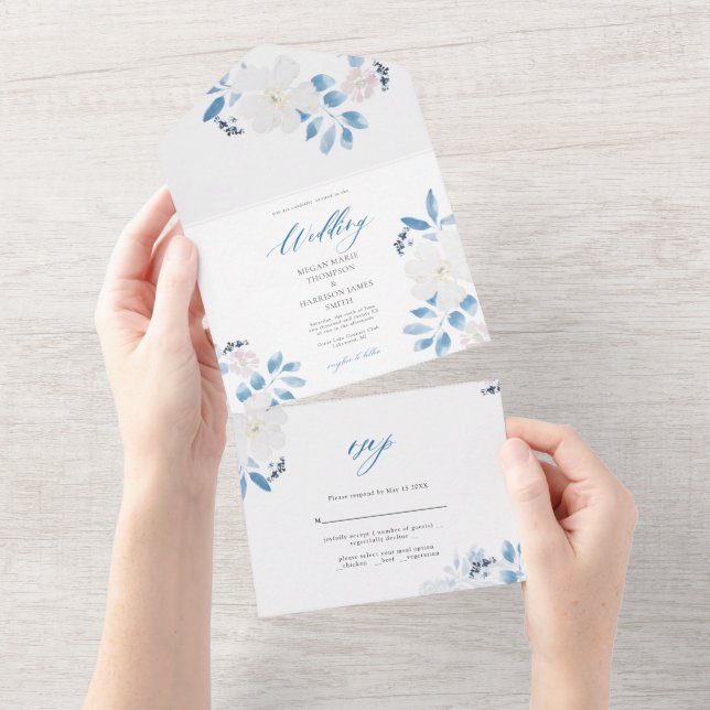 Invitación a la boda de la flor azul acuarela (desgarro)