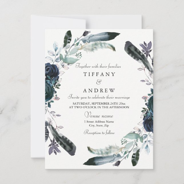 Invitación a la boda de la flor azul de la marina (Anverso)