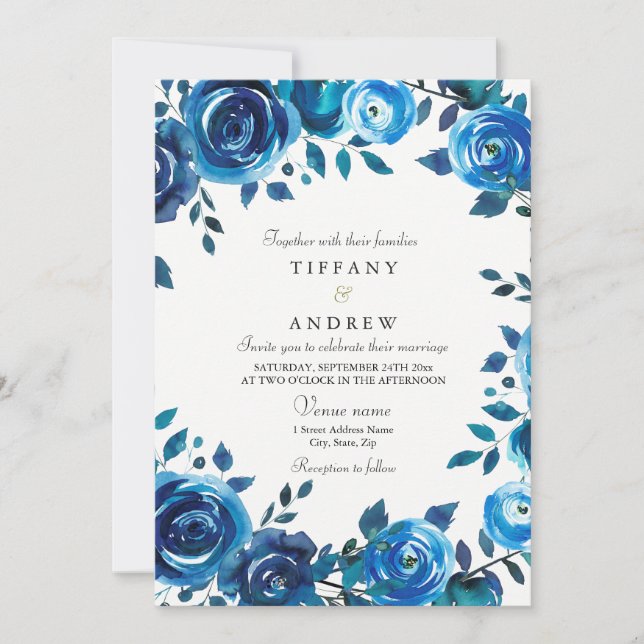 Invitación a la boda de la flor azul índigo median (Anverso)