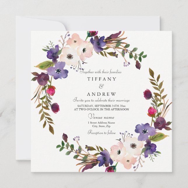 Invitación a la boda de la flor bucal púrpura botá (Anverso)