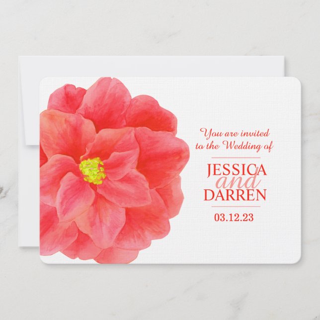 Invitación a la boda de la flor camelliana roja en (Anverso)