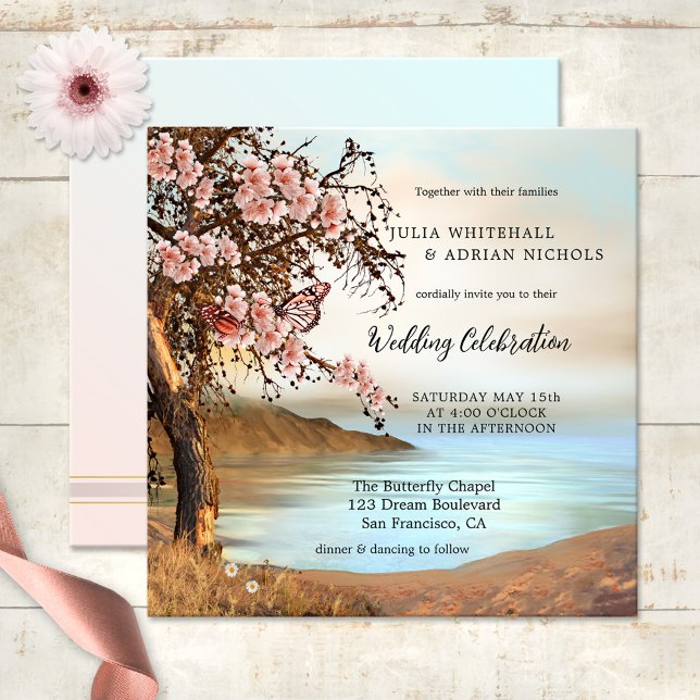 Invitación a la boda de la flor de cerezo de marip (Spring wedding invitation featuring an ocean with a cherry blossom tree and pink butterflies)