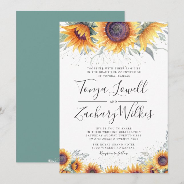 Invitación a la boda de la flor de girasol de prim (Anverso / Reverso)
