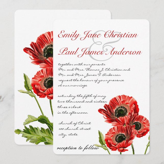 Invitación a la boda de la flor de la amapola roja (Anverso / Reverso)