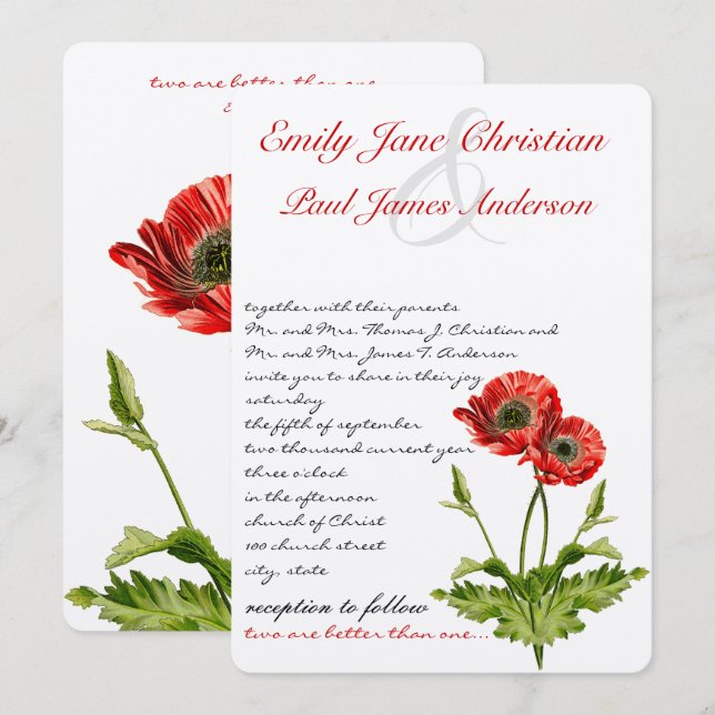 Invitación a la boda de la flor de la amapola roja (Anverso / Reverso)