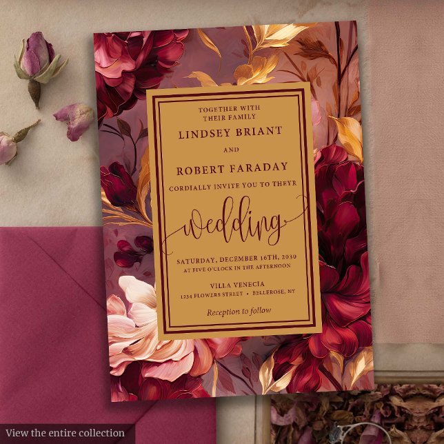 Invitación a la boda de la flor de oro marsala de  (Vintage Luxury Marsala Gold Flowers Wedding Invitation)