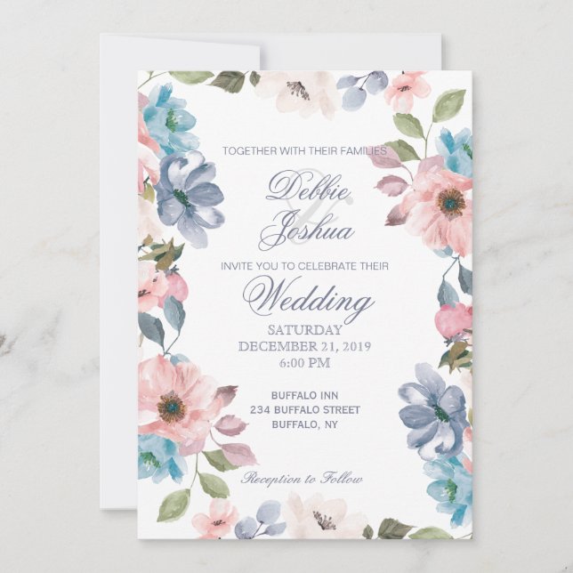 Invitación a la boda de la flor púrpura rosa azul  (Anverso)